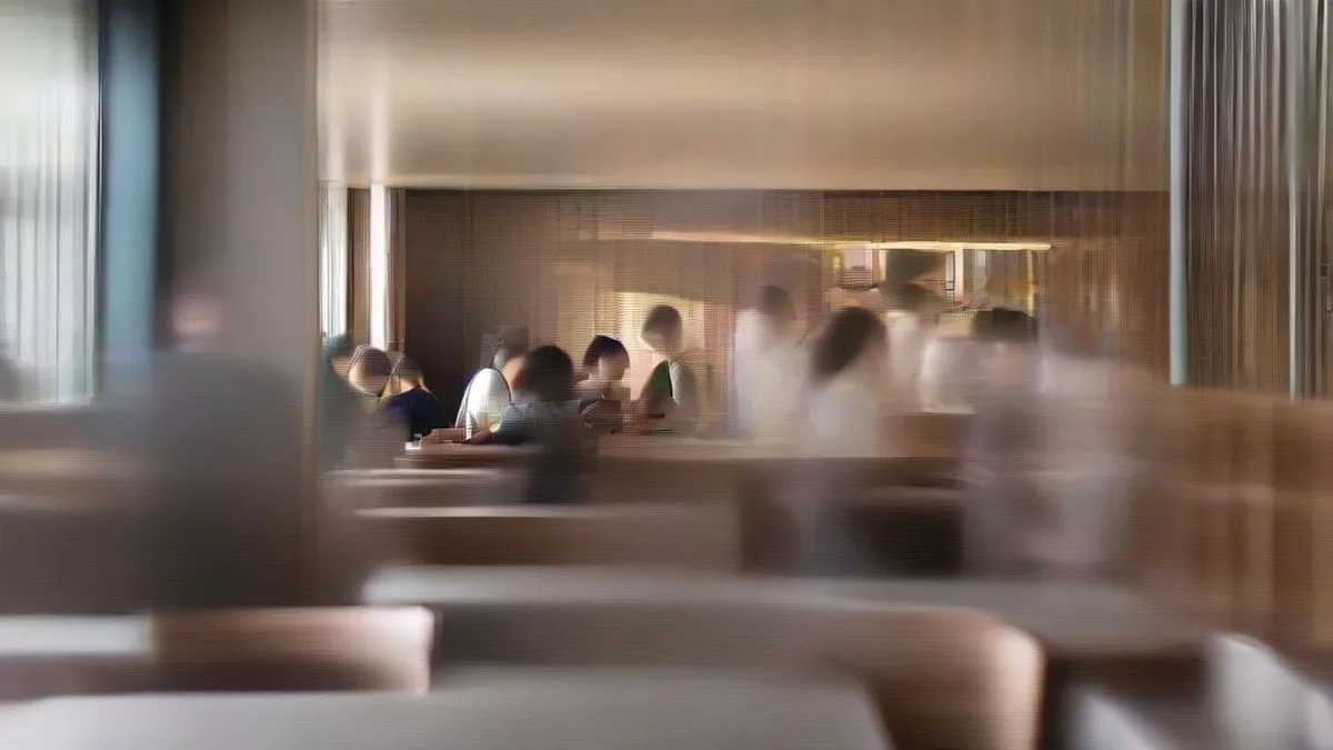 A bustling casual restaurant dining room with patrons and servers during lunch hour.
