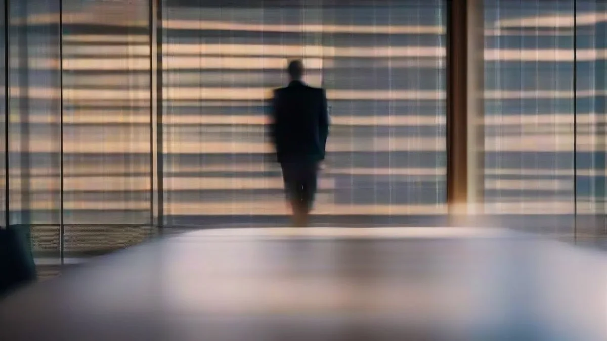 Corporate executive standing in a high-rise boardroom overlooking an evening city skyline.