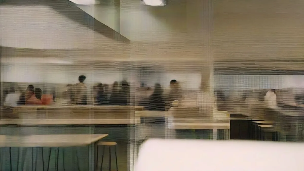 Busy contemporary fast-food restaurant dining room with customers seated at tables during daytime lunch service