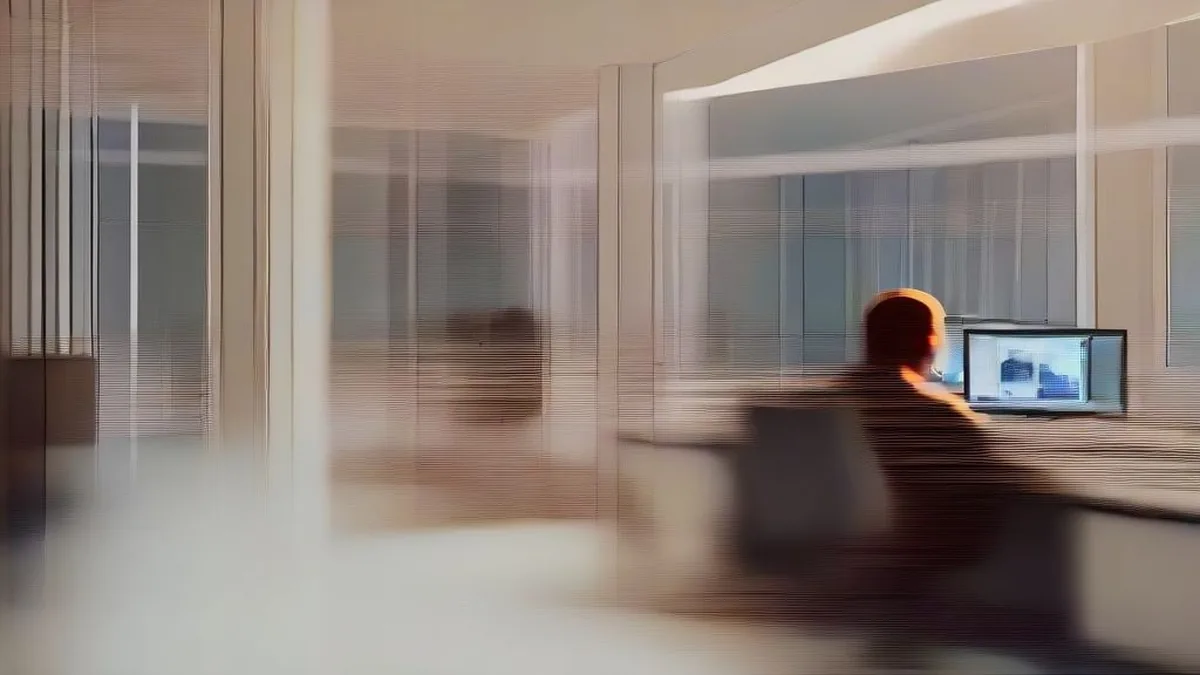 A video game developer working on ambient level design in a modern studio setting