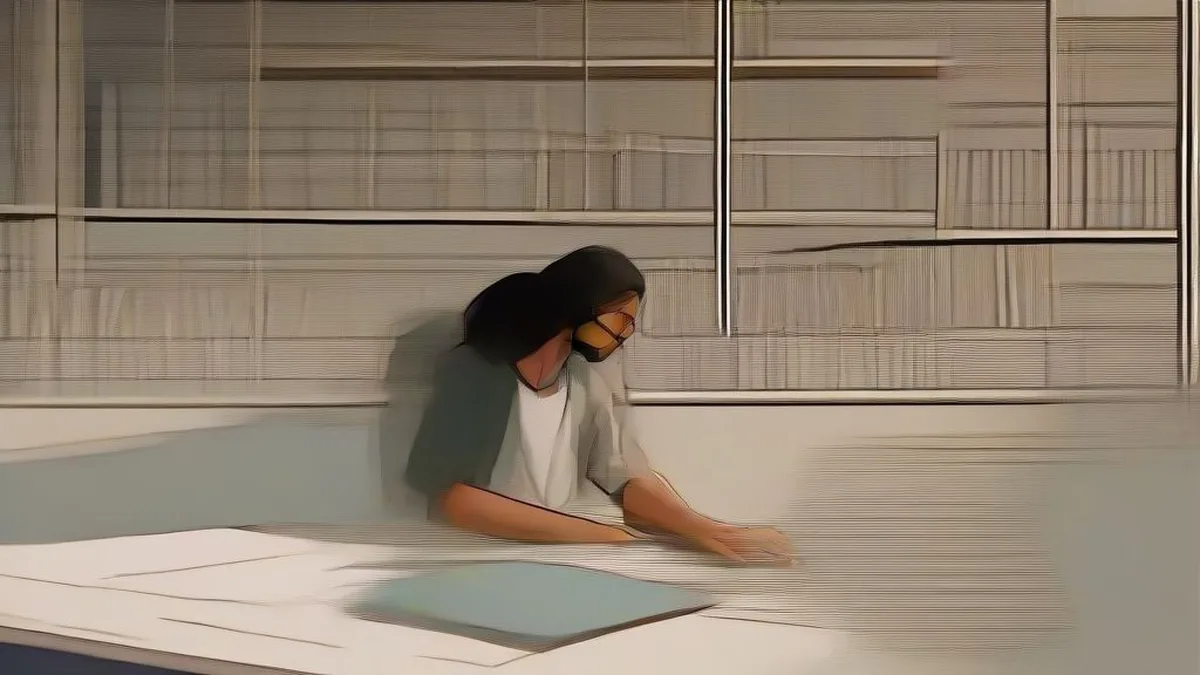 A student studying diligently at a desk covered with books and notes under warm natural daylight