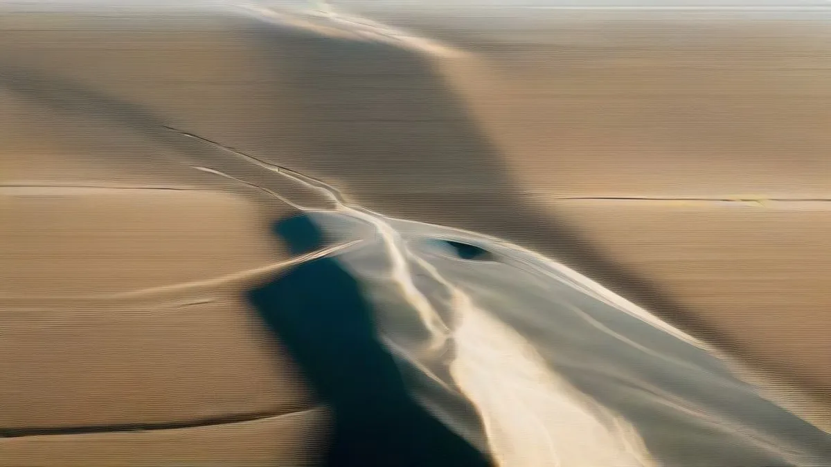 A large concrete irrigation canal running through rural agricultural land in California under a clear sky