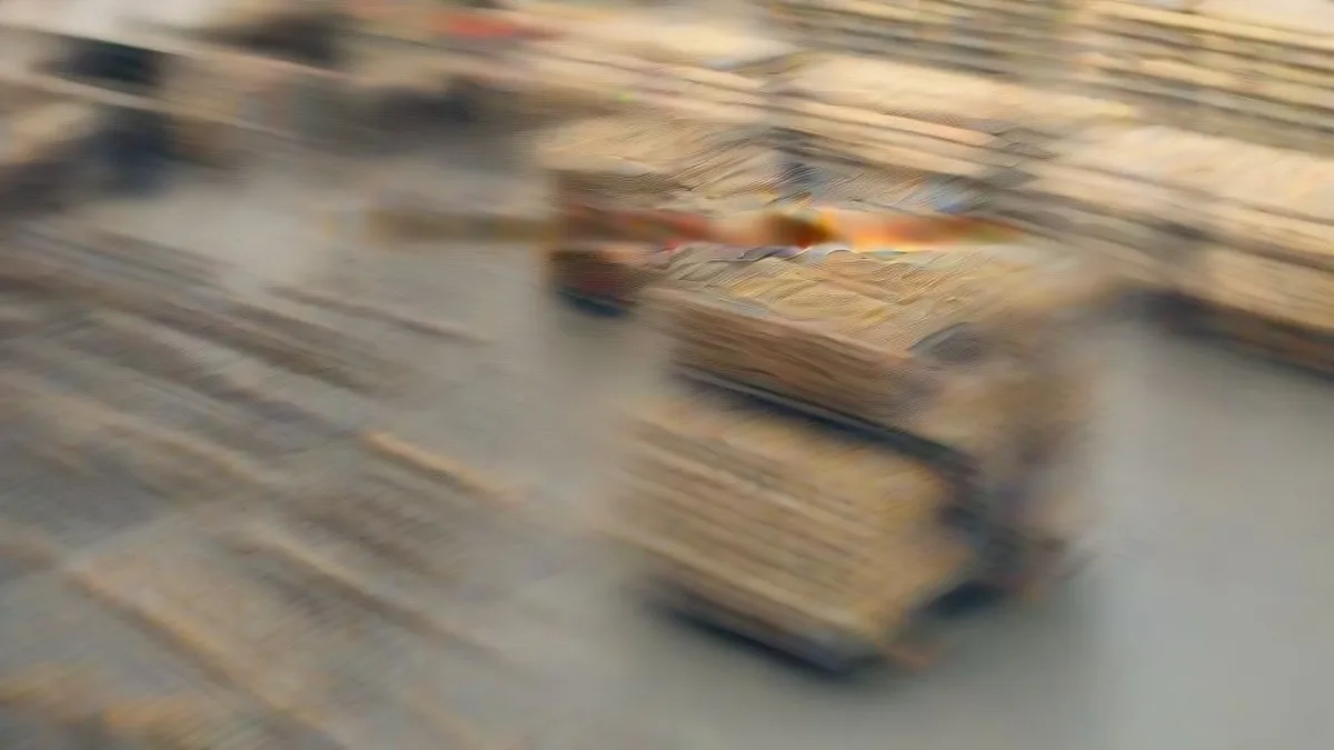 A warehouse logistics worker in a high-visibility vest standing in a large industrial distribution center with inventory racks