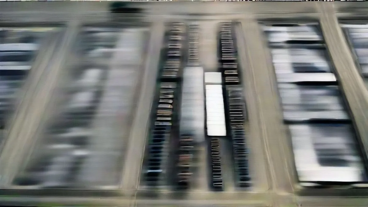 Large commercial automotive distribution center with rows of inspected vehicles ready for customer dispatch