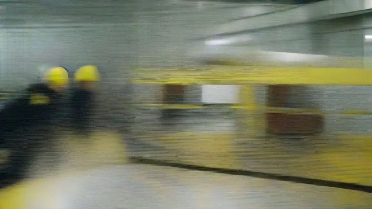 Industrial engineers inspecting a large commercial electrical generator on a factory floor