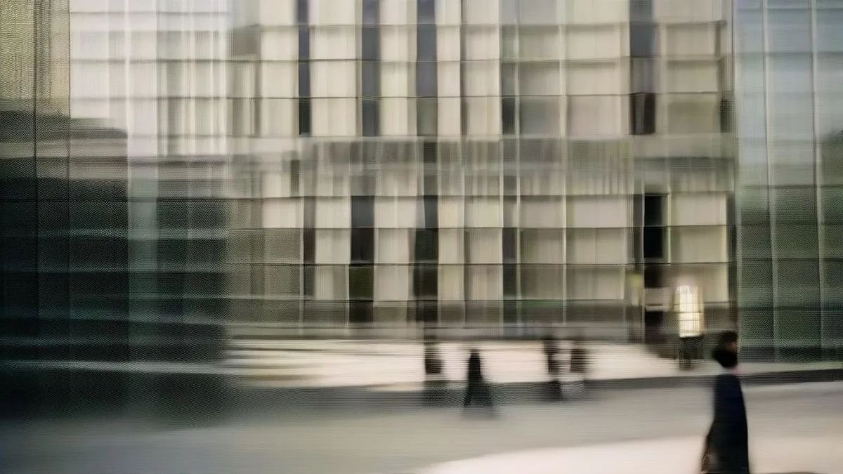 Financial professionals walking outside a commercial banking institution in a bustling financial district