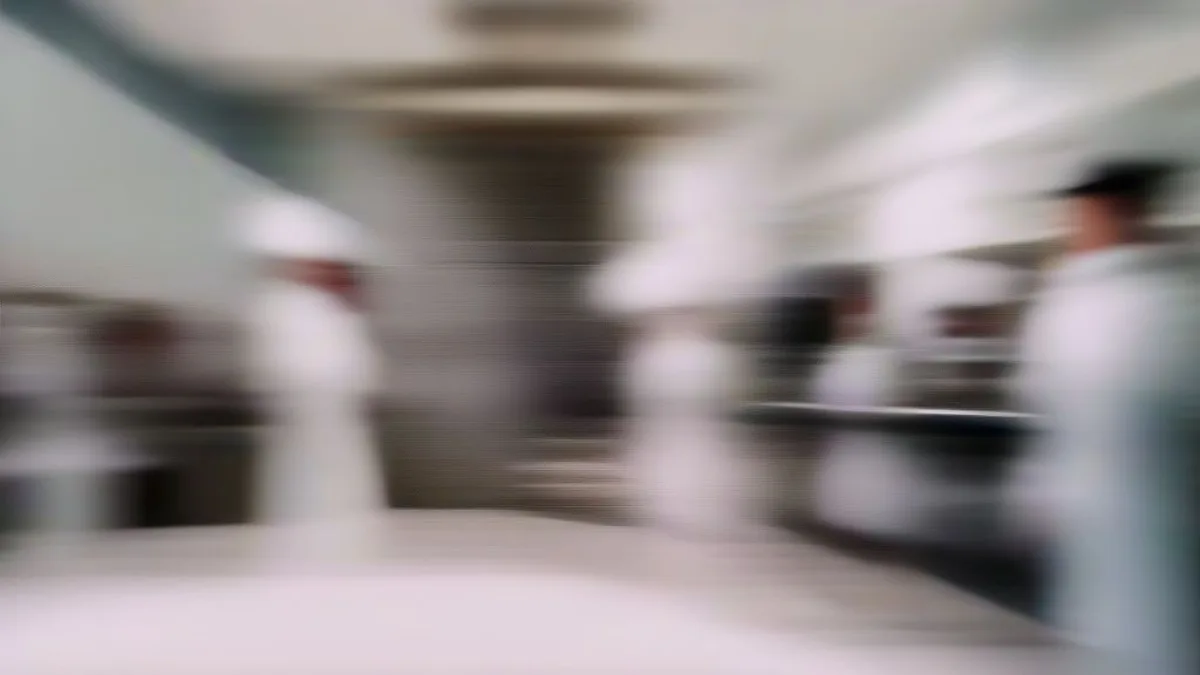 Chefs working in a busy commercial restaurant kitchen during dinner rush