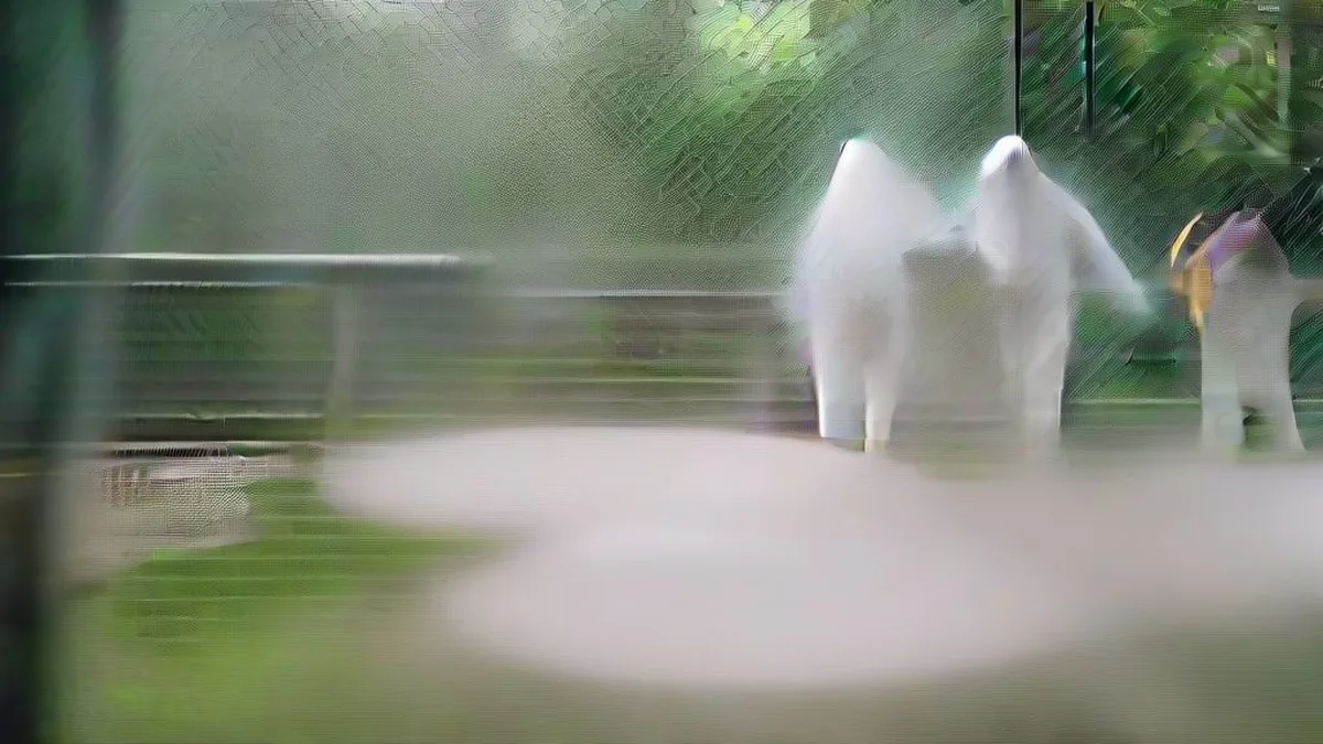 Veterinary health workers in hazmat suits spraying sanitising solution in a zoo sanctuary