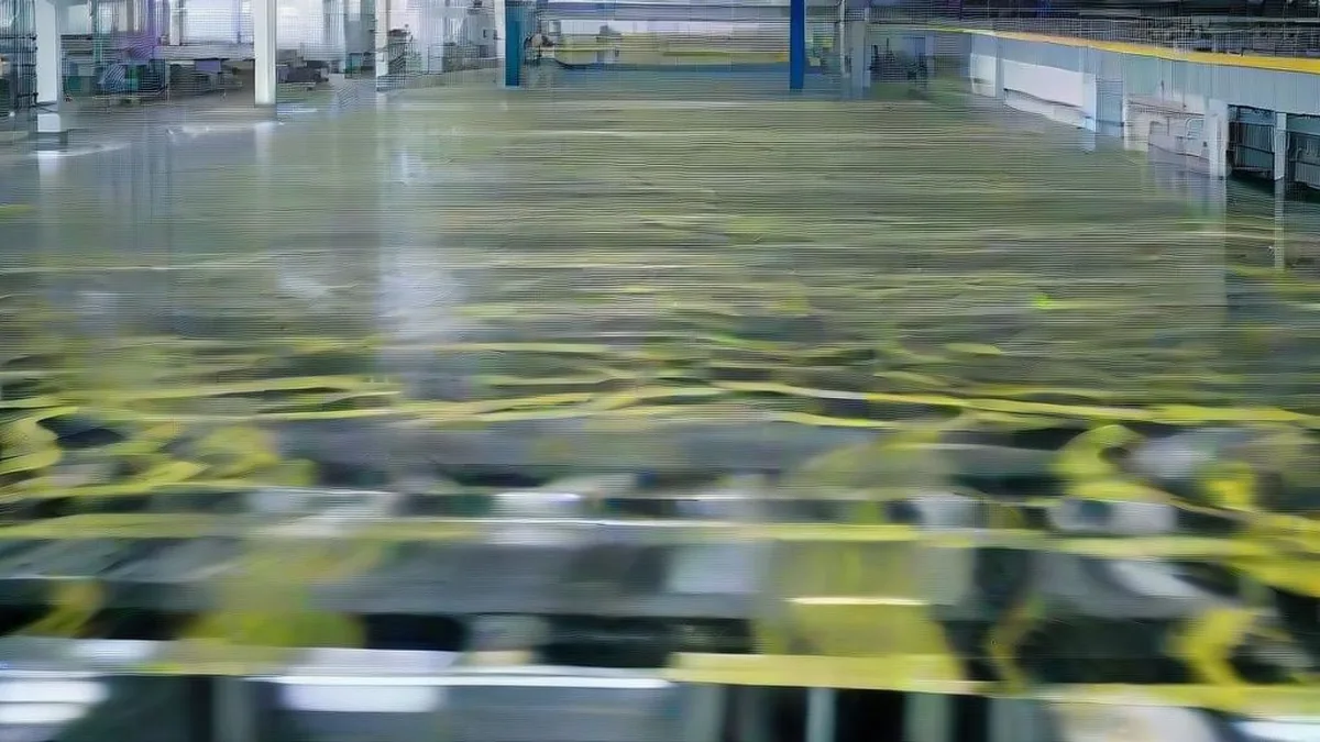 Workers on an expansive modern manufacturing factory floor with automated machinery