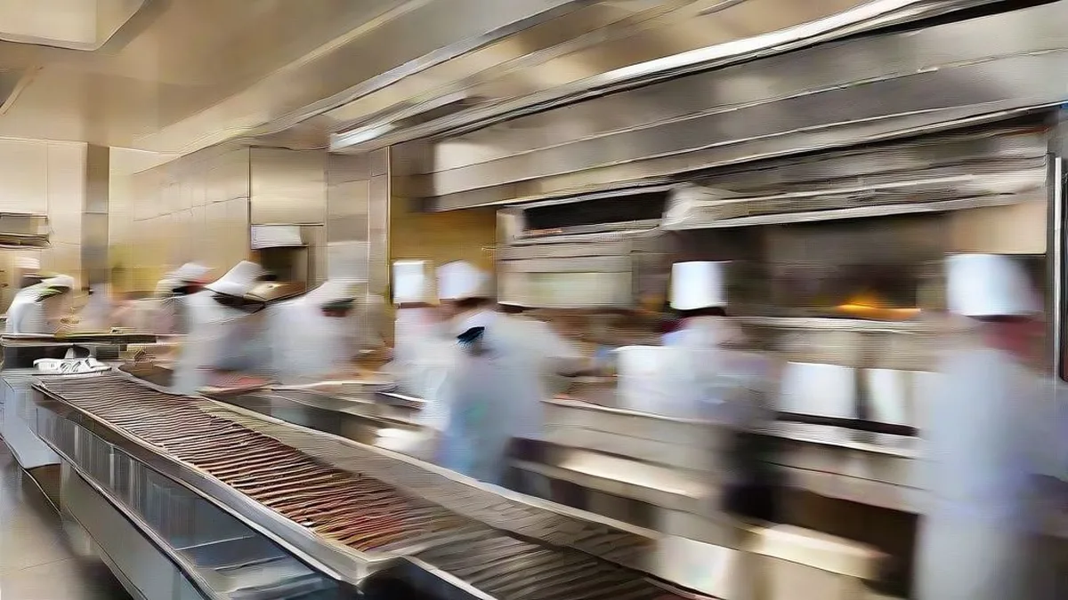 Restaurant workers behind a stainless steel food counter during a busy dining service.