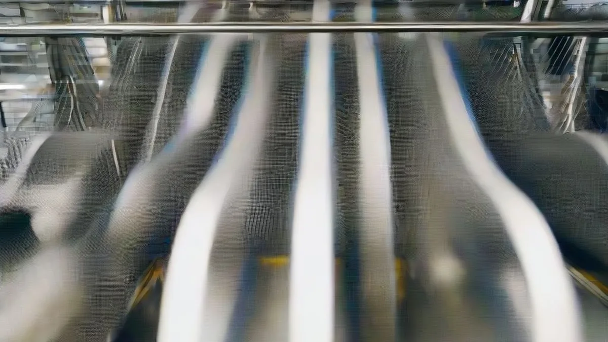 Industrial manufacturing floor with stainless steel conveyor lines and an engineer monitoring operations.