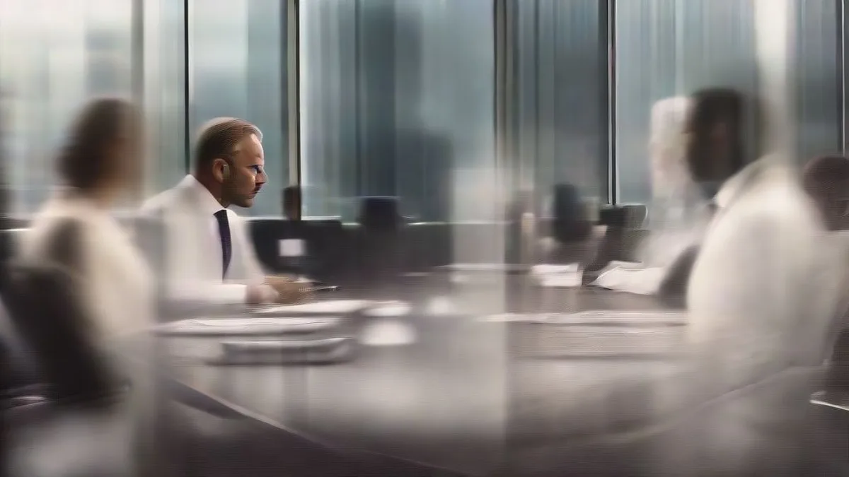Corporate executives in business attire seated around a conference room table during a strategic meeting