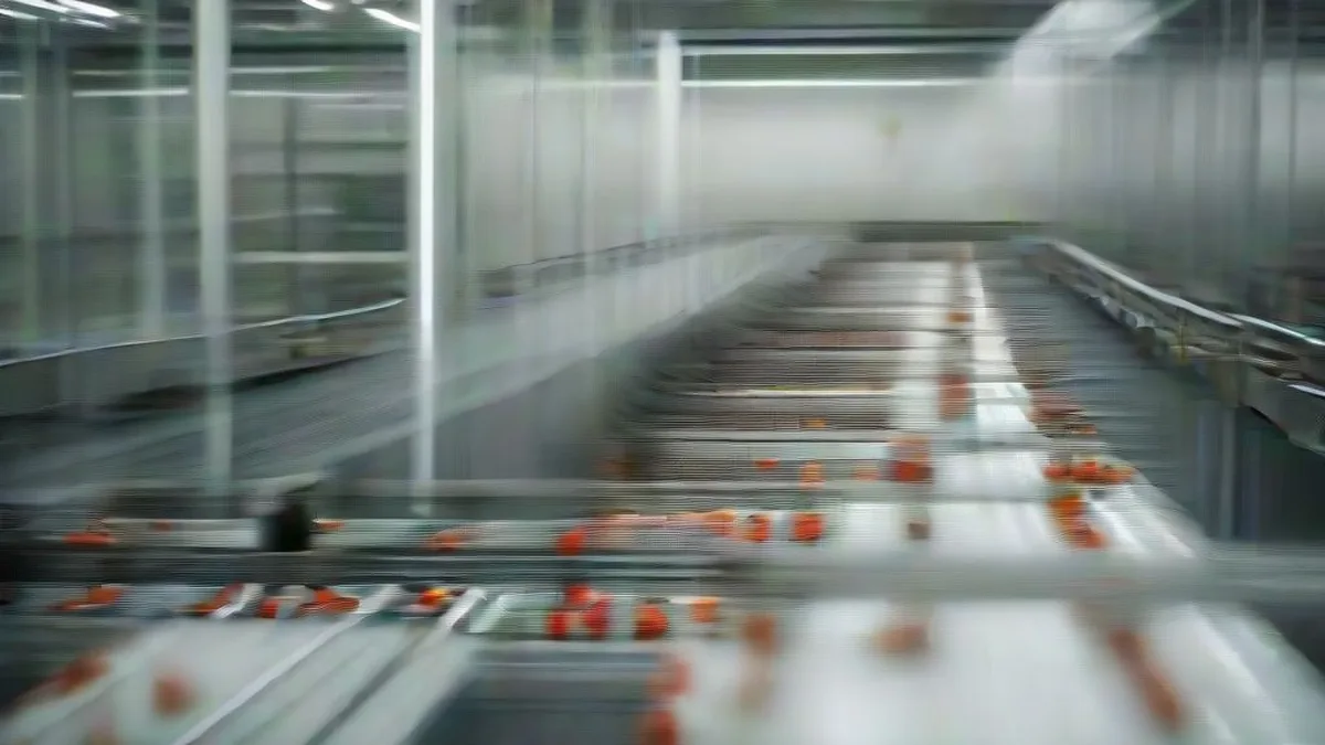 Glass bottles on an automated conveyor belt inside a clean industrial bottling plant