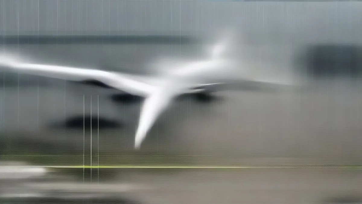 Commercial airliner resting on the grass next to a wet airport runway during stormy weather with safety personnel nearby