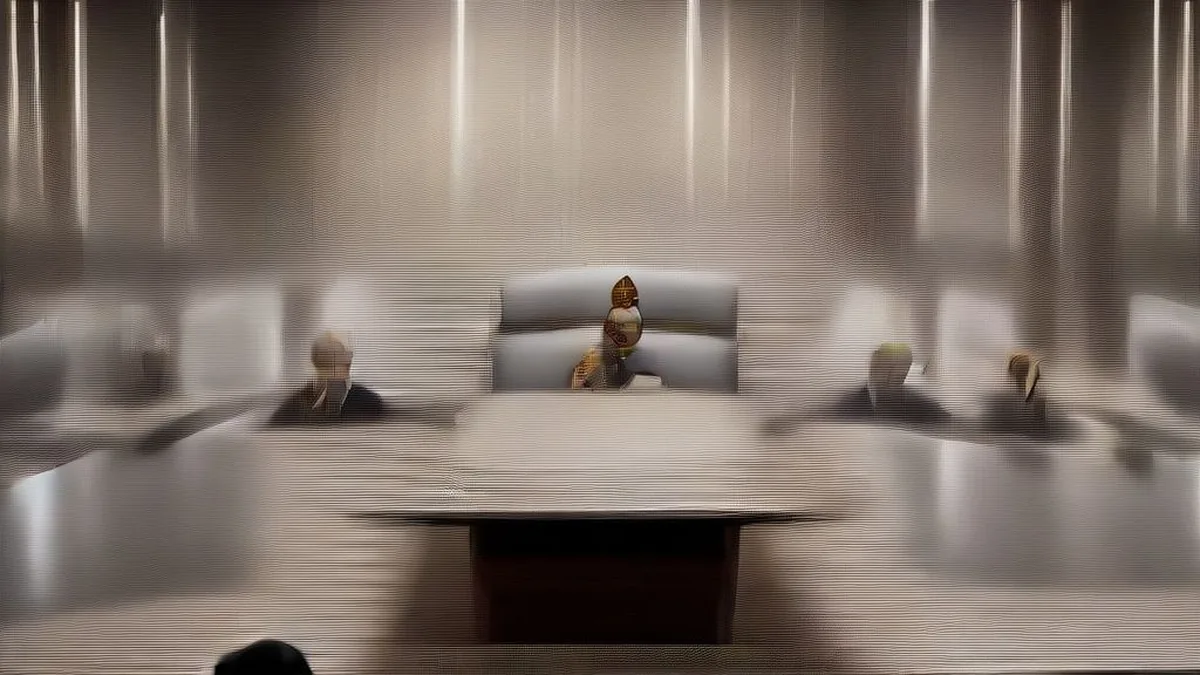 Delegates seated around a conference table discussing political strategy and electoral maps