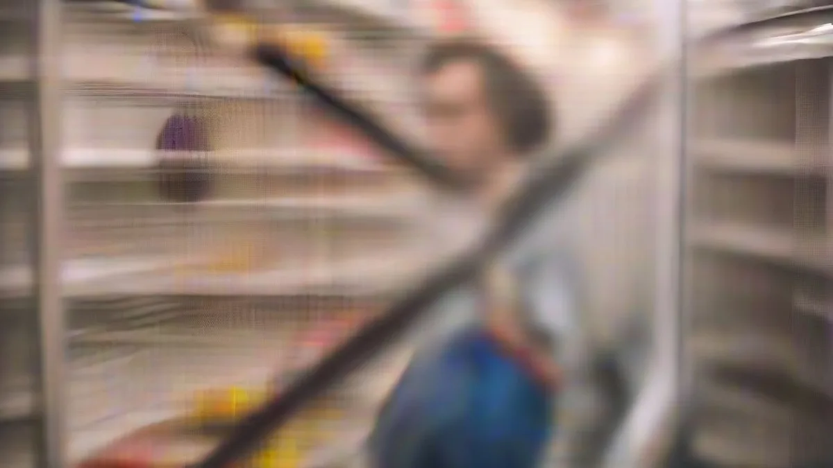 A shopper reviewing goods on grocery store shelves under natural retail lighting