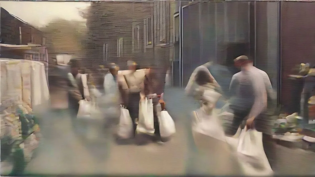 Working-class adults walking through a neighborhood shopping street during morning hours