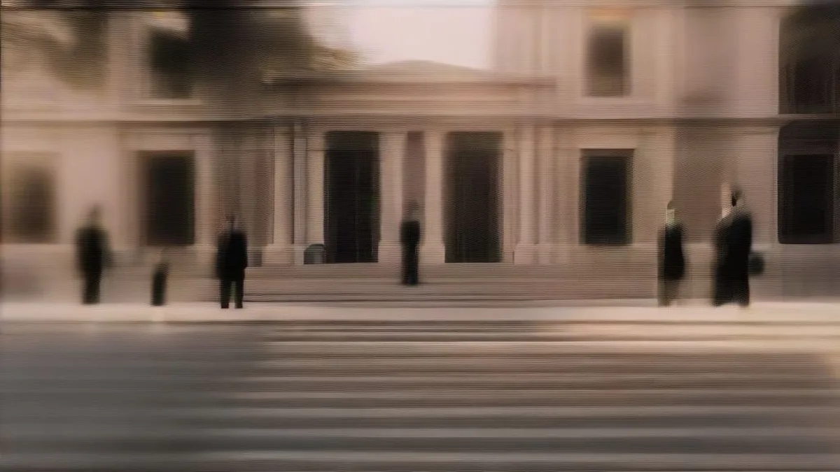 Lawyers in black coats walking along the colonnade of an Indian court building