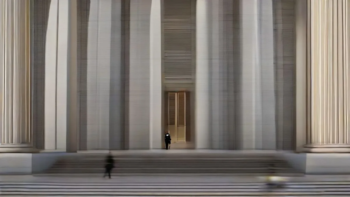 Federal courthouse exterior with neoclassical stone columns and marble steps under natural morning daylight
