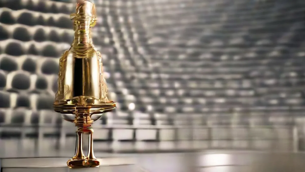 Golden football trophy displayed on a marble pedestal under auditorium stage lights