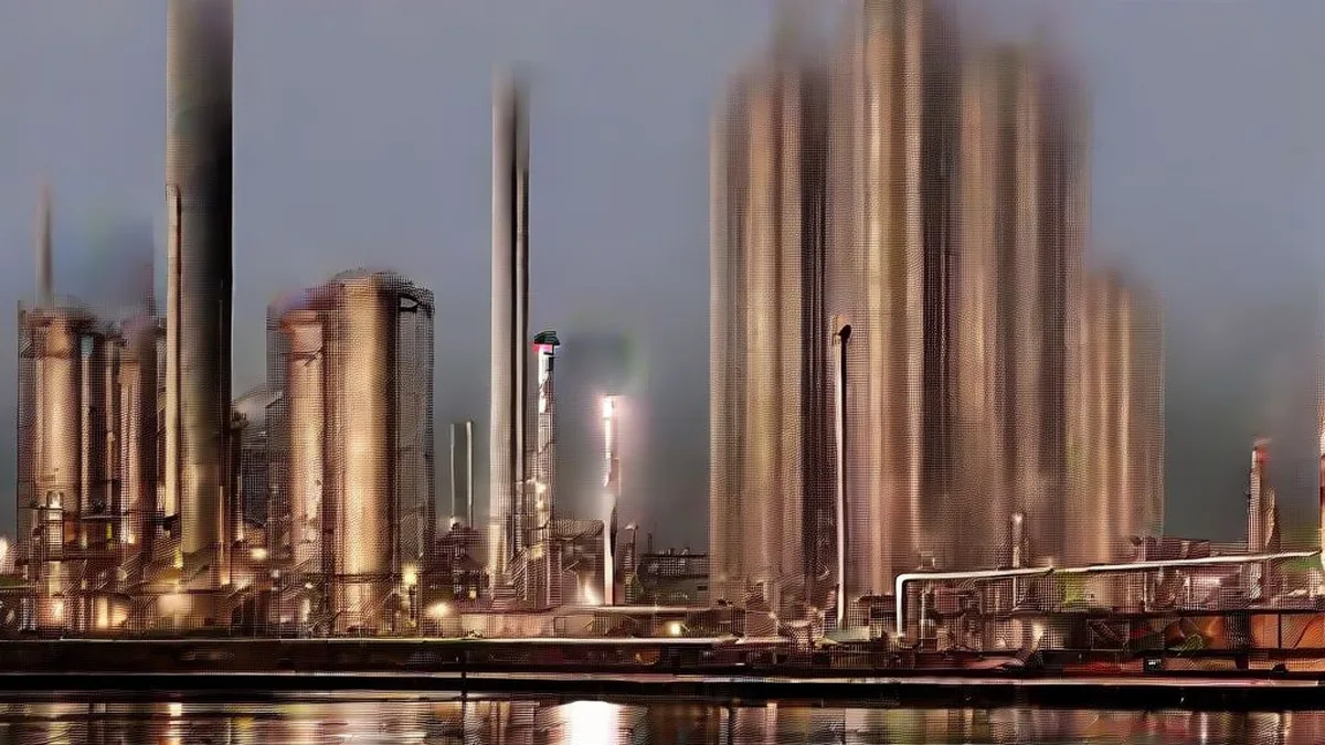 Industrial coastal oil tanker terminal and refinery infrastructure photographed at twilight