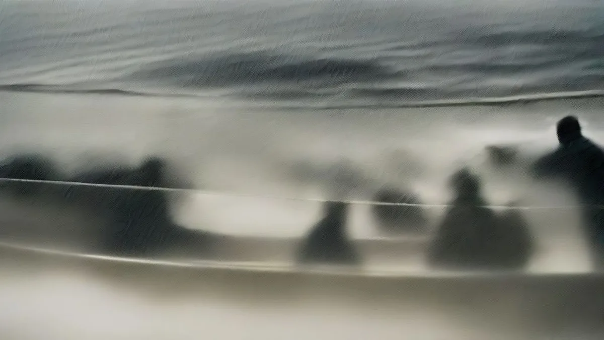 Fishermen securing wooden trawlers against heavy swells and wind along a coastal sea wall during severe weather.
