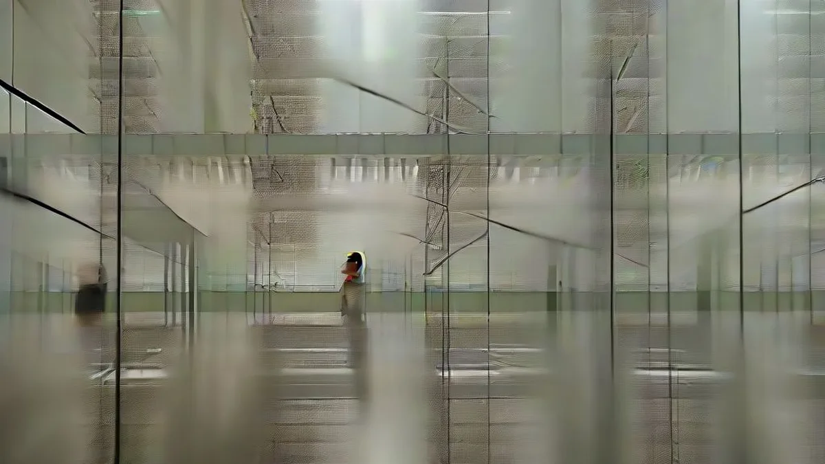 An office worker carrying personal items in a box through a modern corporate corridor