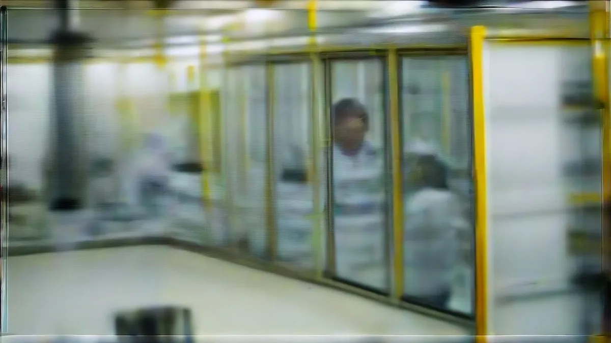 Advanced industrial defense manufacturing facility showing automated processing machinery and engineers.