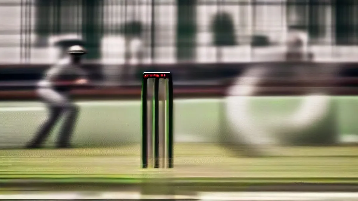 A young cricketer equipped with protective batting pads and gloves standing on a cricket pitch.