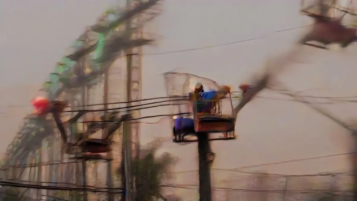 Municipal utility workers in a crane bucket installing smart streetlights and camera fixtures along an urban roadway at twilight