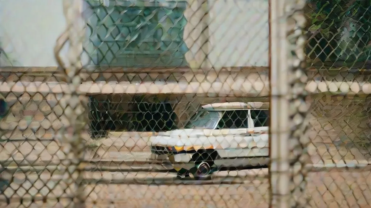 Police vehicle and officers deployed outside a school gate in New Delhi following a security alert.