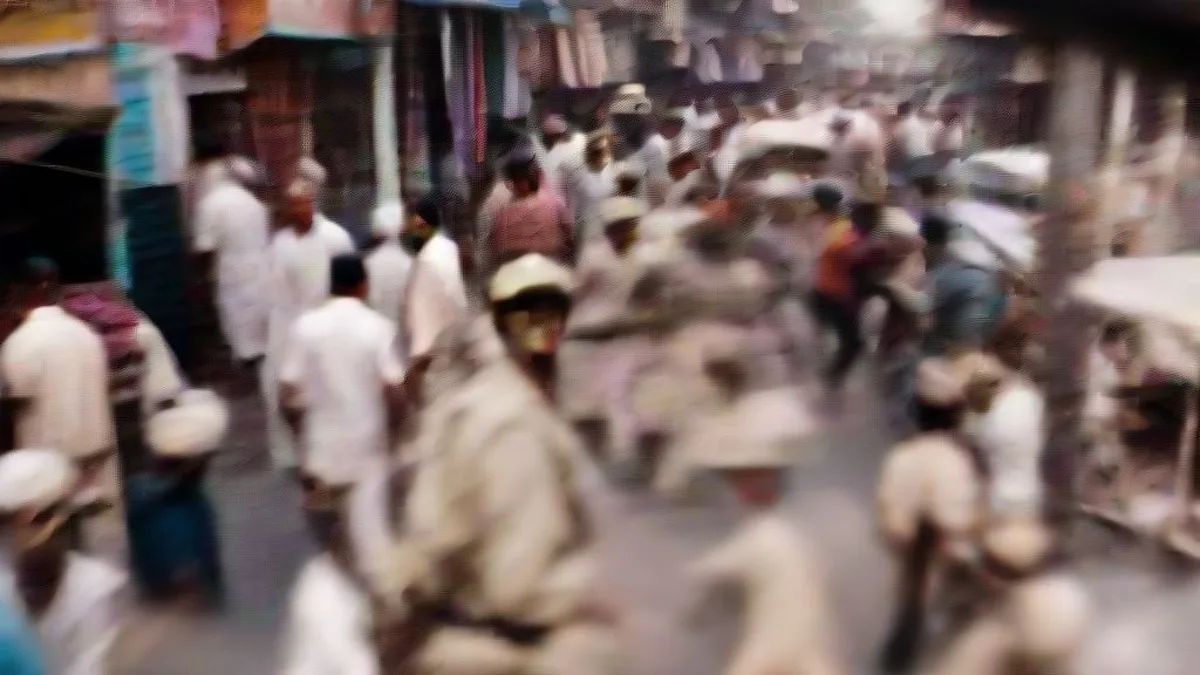 Police officers on foot patrol in a crowded marketplace in Delhi