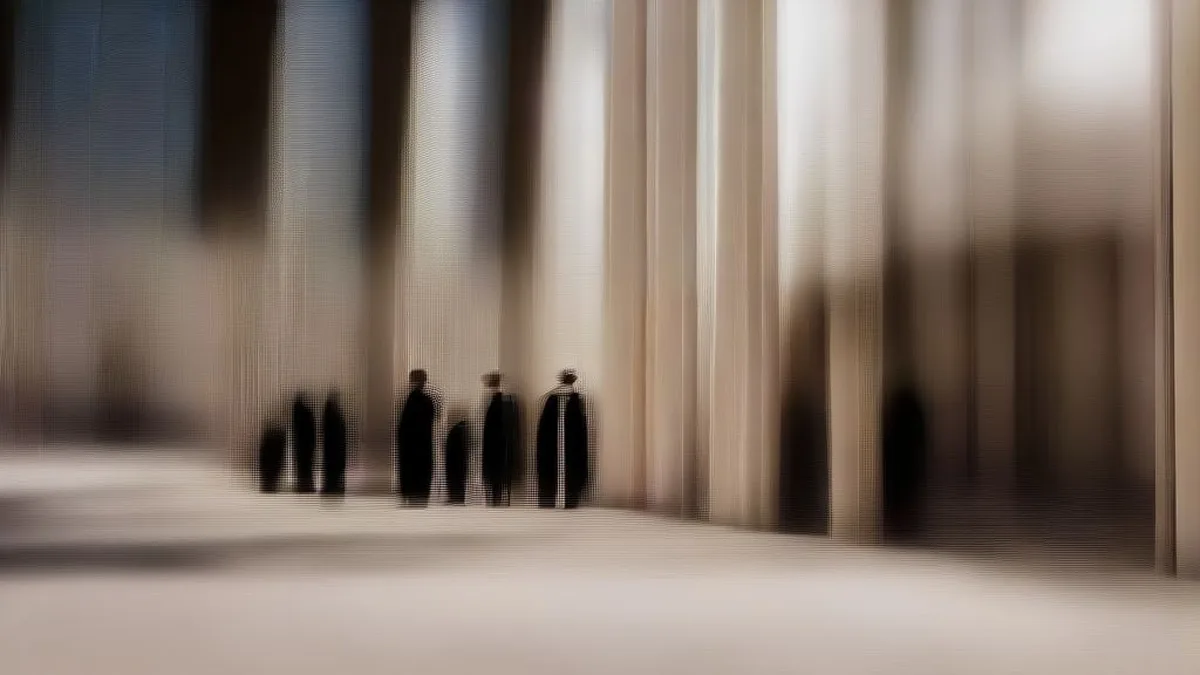 Corridors of an Indian district court showing legal practitioners in formal black court robes walking through stone arches