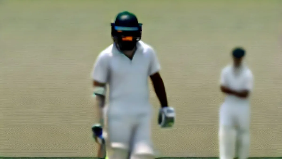 A cricket batsman in white gear standing on a green pitch during a test match