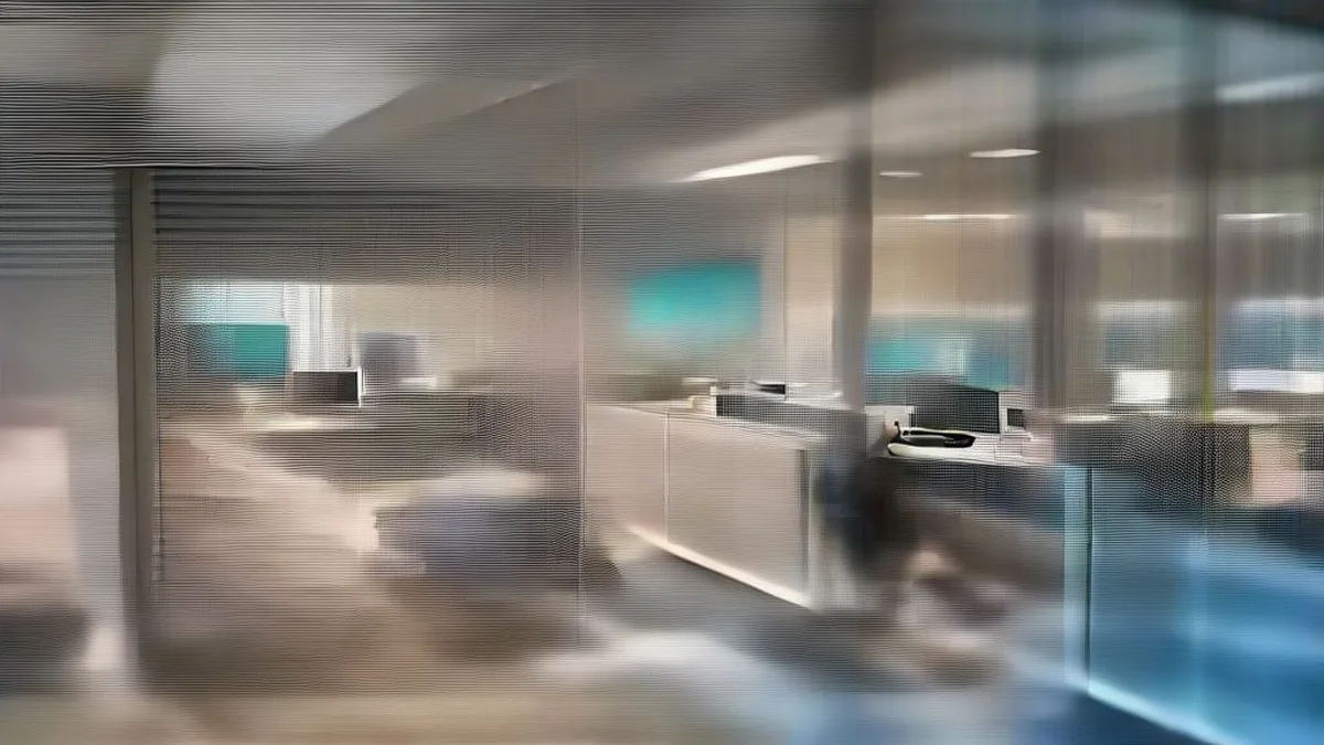Modern newsroom editorial workspace with journalists working at computer workstations in an urban office