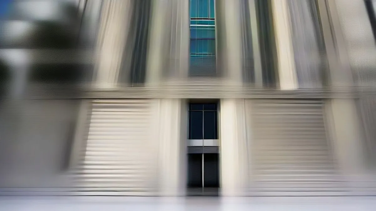 Exterior view of neoclassical federal government legal building columns in Washington