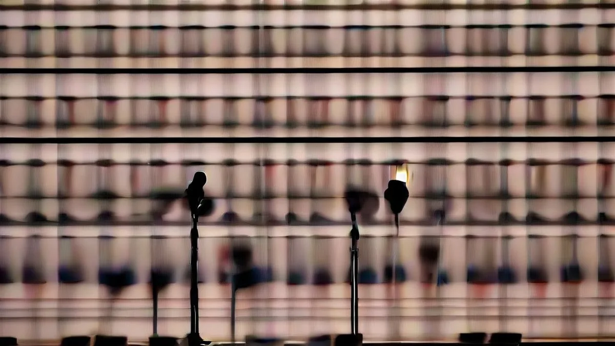 Microphones set up at an official diplomatic press conference lectern
