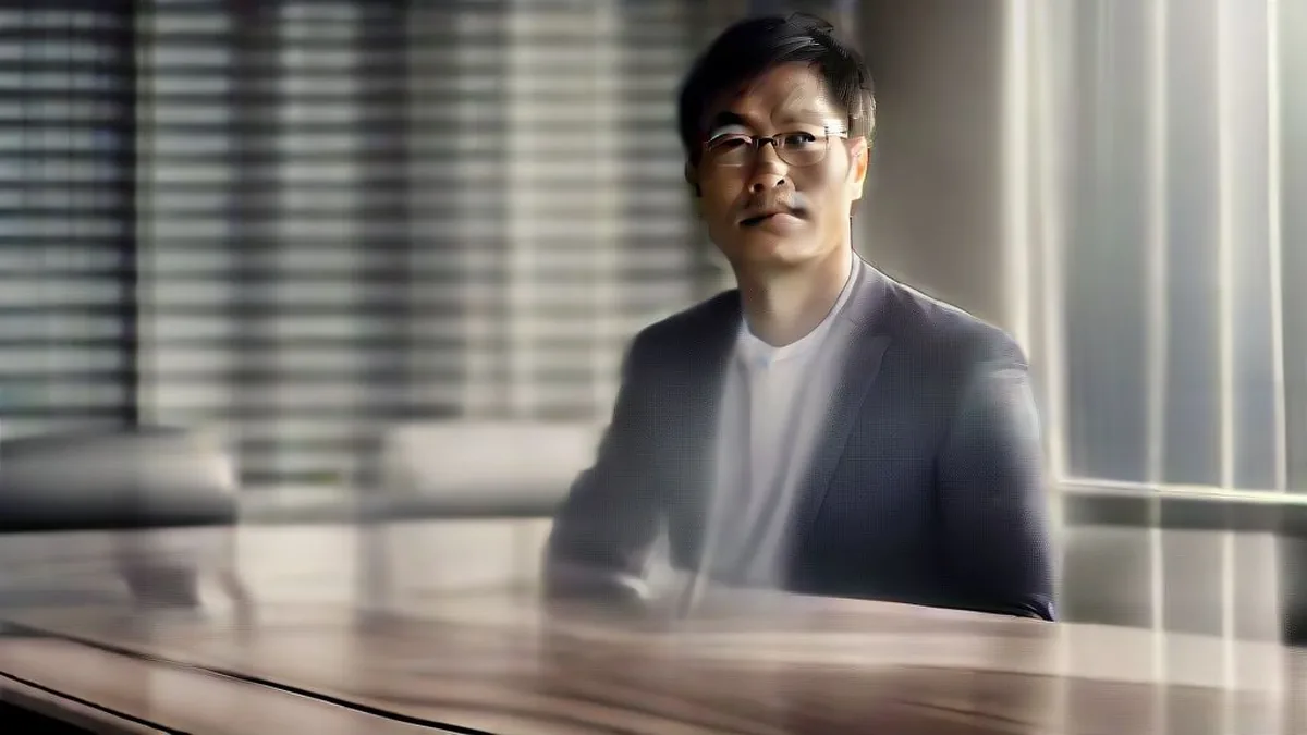Corporate executive seated thoughtfully at a conference table in an executive office setting