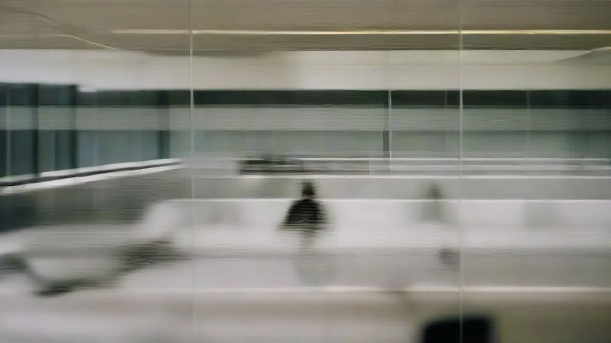 Corporate office interior seen through glass panels during twilight hours.