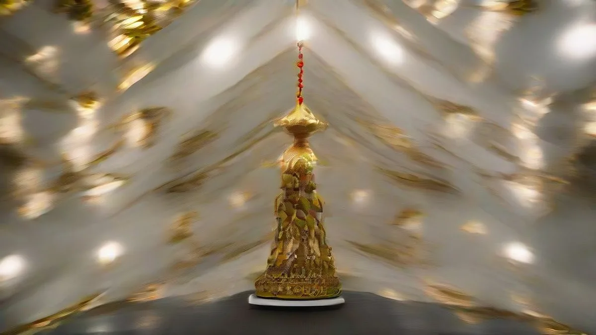 Large handcrafted gold jhumka displayed inside an upscale exhibition hall in Dubai