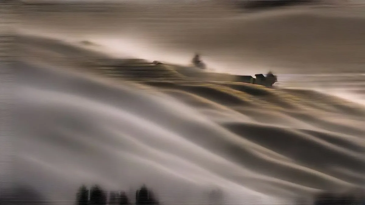 Early morning mist and frost covering a hillside village in Himachal Pradesh during an early winter cold snap.