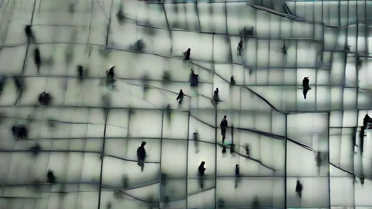 European banking executives walking through a sunlit glass and stone atrium in a modern corporate financial headquarters.