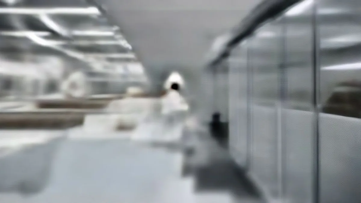 Pharmaceutical cleanroom technicians inspecting sterile medicine vials on an automated assembly line