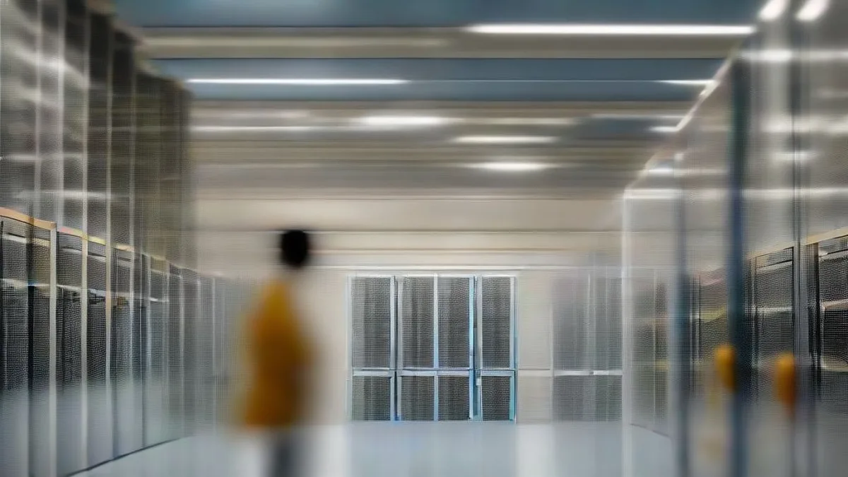 Corridor of high-density computational server racks and infrastructure in an enterprise data center facility