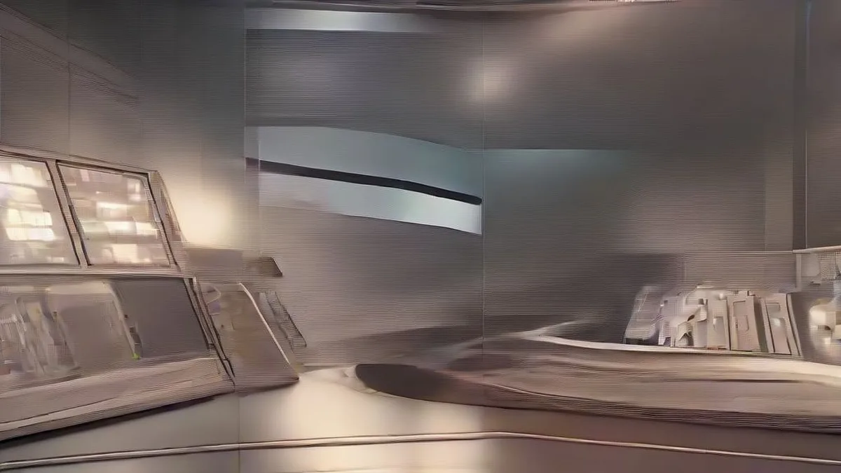 A modern film studio workstation displaying high-resolution digital visual landscapes on widescreen monitors
