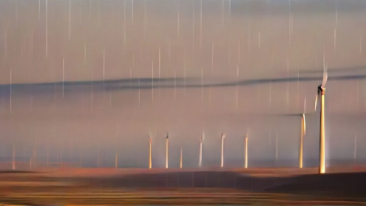 Large wind turbines and electric transmission towers across rural plains during golden hour