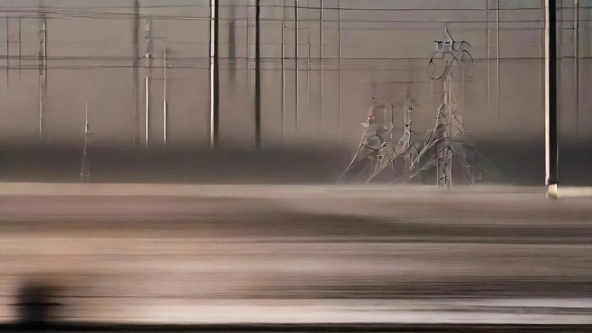 Large electrical power transmission towers and substation equipment in an industrial setting at dawn.