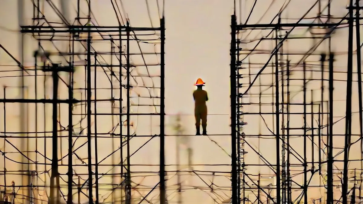 Utility technician in safety gear inspecting power grid transmission towers and electrical substation equipment.
