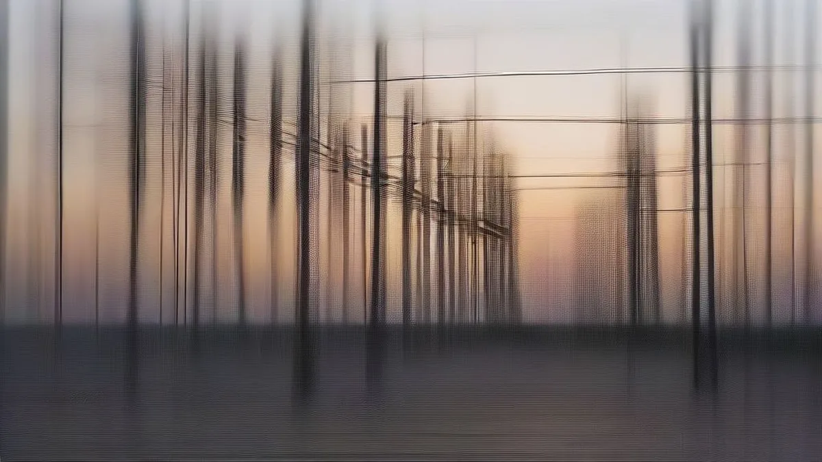 Engineers wearing protective gear walk through a large electrical power substation at dawn.