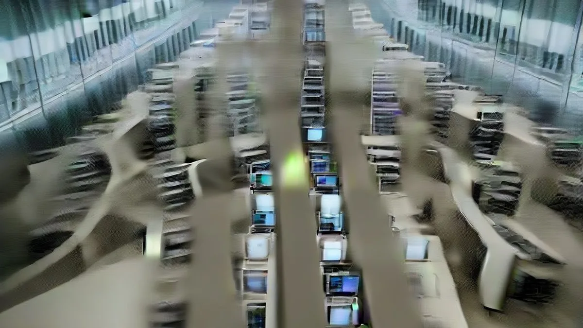 Financial professionals working at desks with multiple computer monitors in a modern trading floor setting